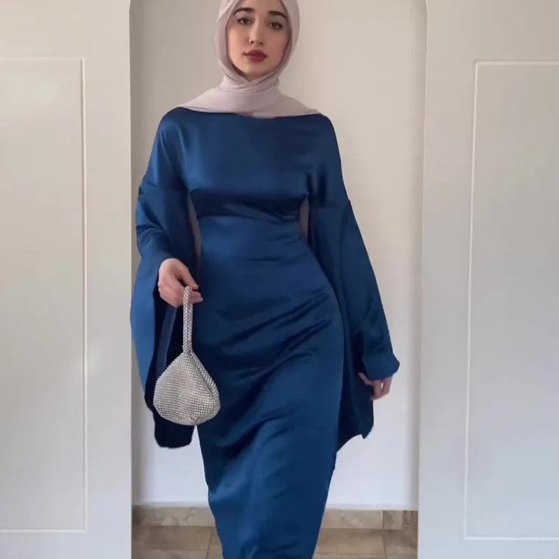 Primavera nuevo vestido elegante de Color sólido con manga acampanada de satén adelgazante que se pega a la cintura para mujer