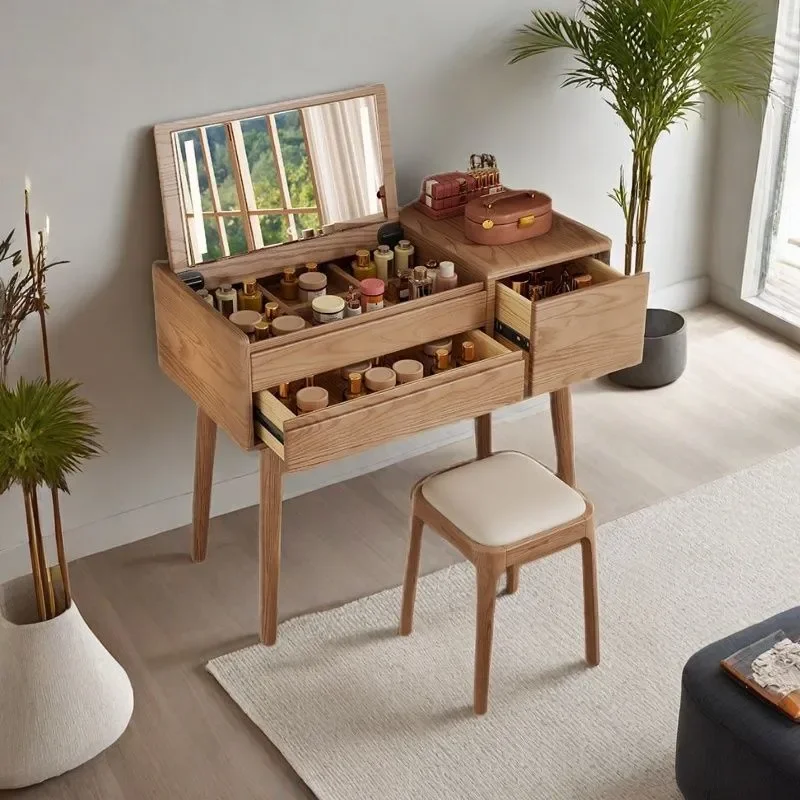 All Solid Wood Ash Clamshell Dressing Table with Mirror and Lamp Integrated Vanity Desk for Small Apartment Bedroom Simple