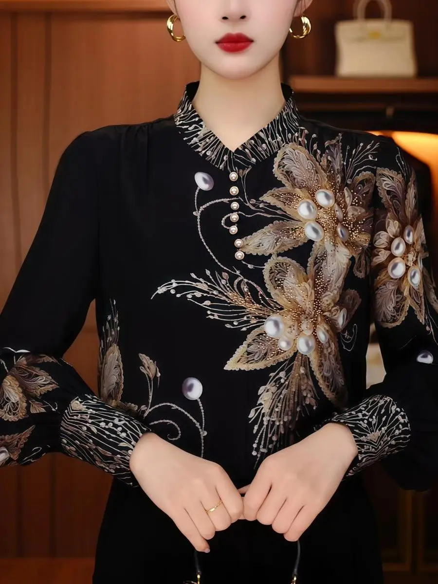 

Trendy Winter Long Sve Fce Lined Mom irt Printed Base Layer Top Warm Sli Commute Sle Korean Loose Fit Polyester