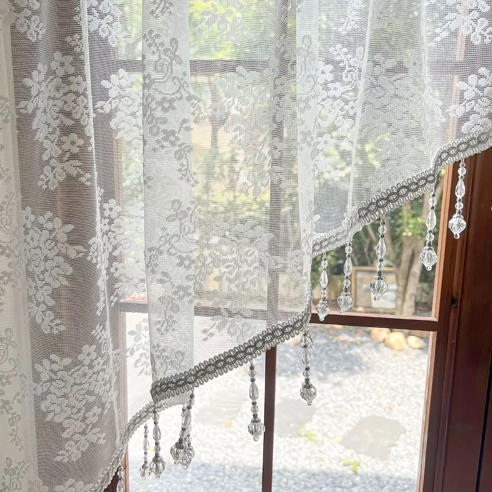 Fashion French Style Half Curtain Vintage With Beaded Lace Triangle Curtains Bohemian Elegant Lace Door Curtain Bedroom