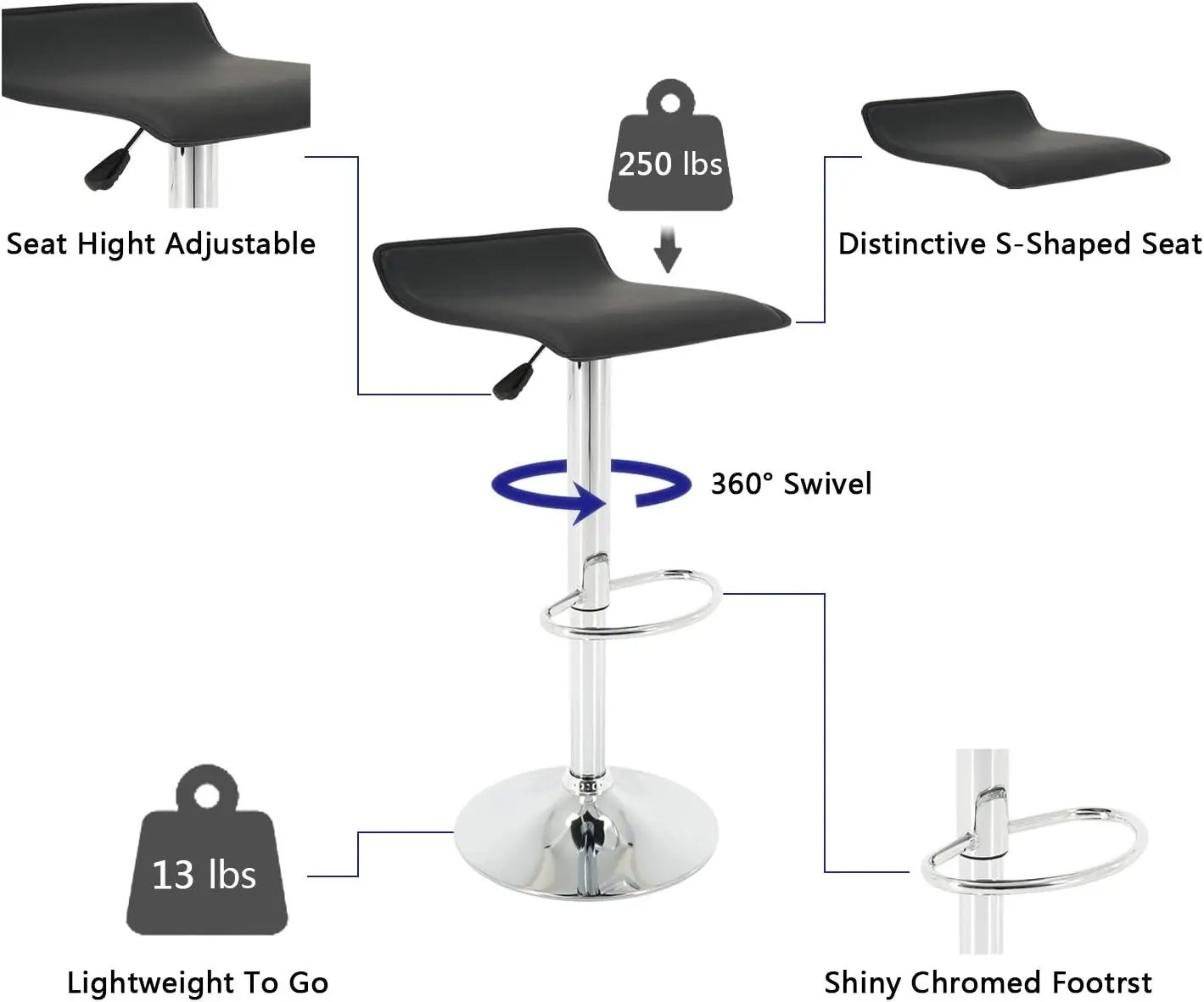 Ajustável Backless Barstools com Foorest, Counter Altura Swivel Stool, Cozinha cadeiras de jantar, Lounge Chair