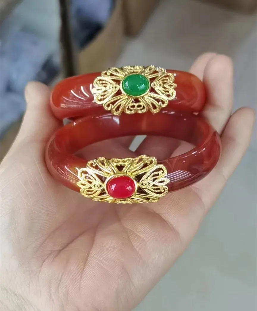 

natural agate Vintage Gold-plated Silver Inlaid Agate Chalcedony Natural A Grade Jade Jadeite Bracelet Bangle Newest Jewelry