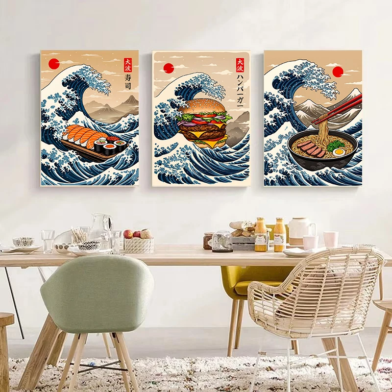 الرجعية اليابانية المطبخ الغذاء مضحك رامين السوشي الساشيمي التوضيح المشارك حائط لوح رسم الفن صور ديكور متجر المنزل