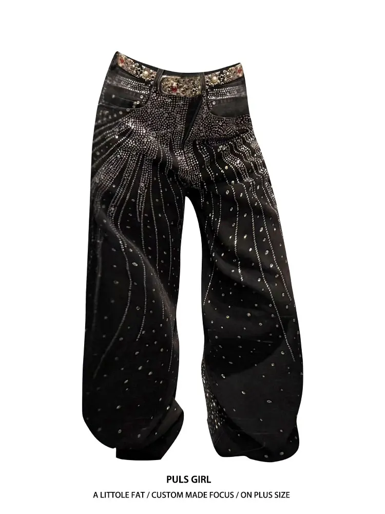 

Retro American Washed Rhinestone Denim Pants Women's Loose Drapey Wide Leg Long Trousers Trendy High Waist Diamond Embellished