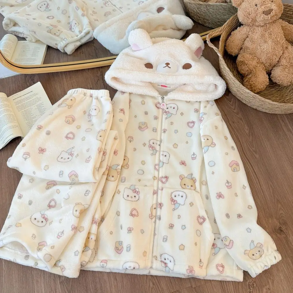 Kawaii Hooded Homewear Rilakkuma Winter Coral Fleece Cartoon Women Plush Warm Pajamas Suit Cute Girls Thickened Tops Pants