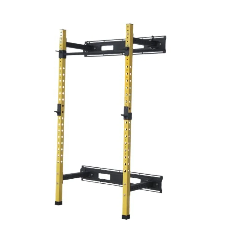 Home gym wall-mounted folding squat rack and power rack with pull up bar J hooks, steel construction, black finish, space-savin