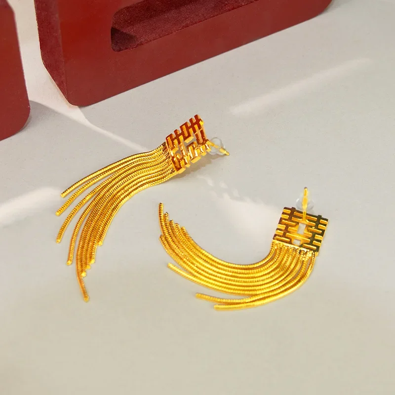 9999 gold double auspicious character long-stemmed fringed earrings - a retro and niche design for wedding earrings