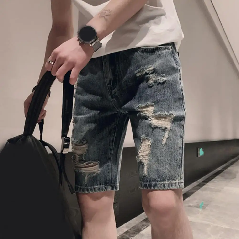 

Mid-waist Denim Shorts Men's Summer Ripped Denim Shorts with Pockets Zipper Fly Straight Leg Mid-rise Knee Length Streetwear