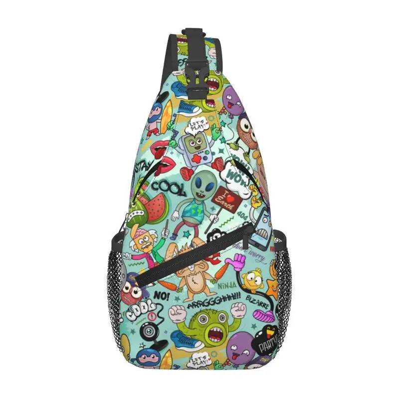 

Custom Bizarre Cartoon Characters Alien Graffiti Crossbody Sling Backpack Men Chest Shoulder Bag for Traveling Daypack