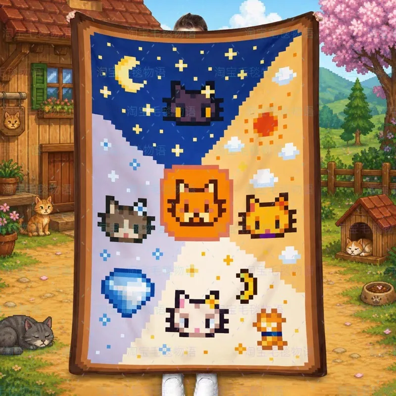 Popular Game Stardew Valley Pixel Cat Flannel Blanket Soft Throw Blanket Sofa Nap Air Conditioner Cover Gift