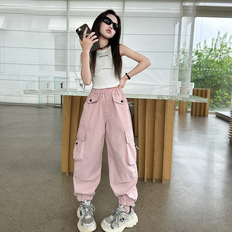 

Girls Trousers Overalls Summer 2024 New Children Children Wide Leg Pants Thin Girls Big Children Pants Summer Simple Casual