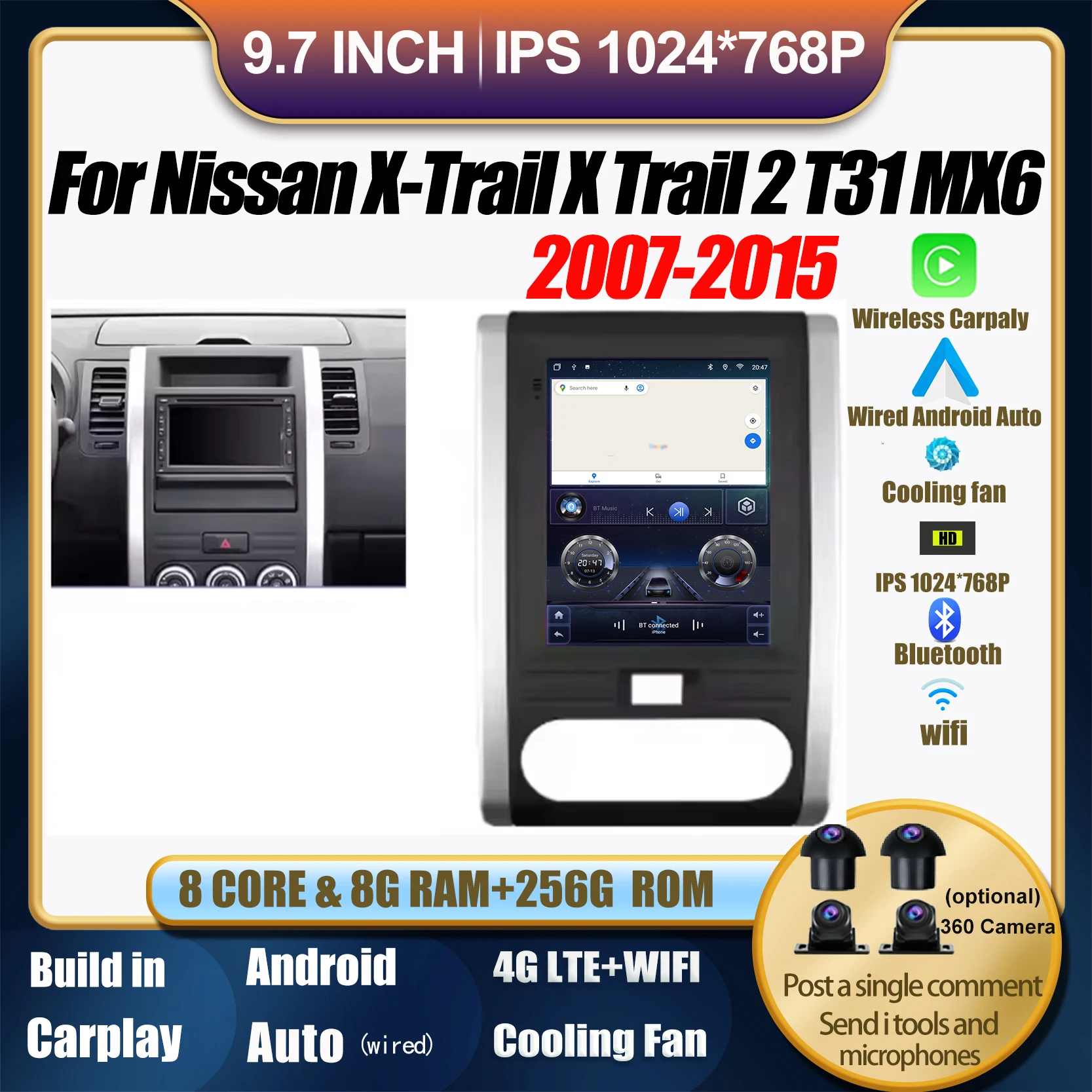 

9.7"Android 14 Car radio multimedia player GPS navi Stereo AM head Unit Carplay for Nissan X-Trail X Trail 2 T31 MX6 2007-2015