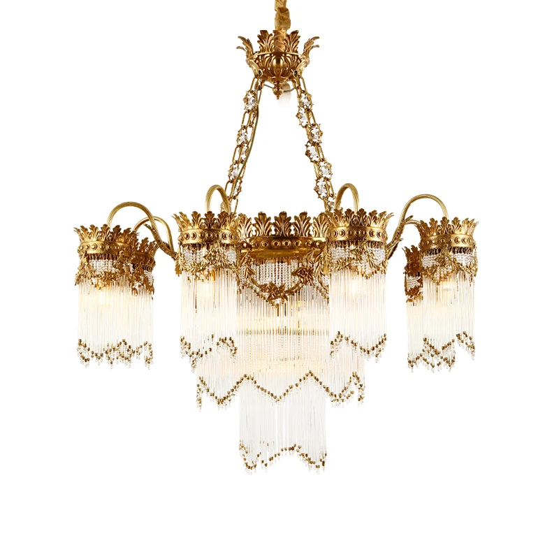 

French Villa Living Room Crystal Brass Chandelier Dinning Room Decorative Lighting European Style Luxury Led Copper Pendant Lamp