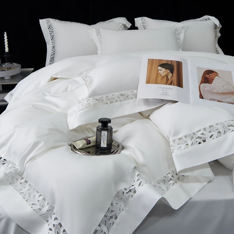 

High Quality 1200TC Egyptian Cotton Bedding Set, Hollow Lace Broad Side, Luxury Duvet Cover, Flat, Fitted Bed Sheet, Pillowcases