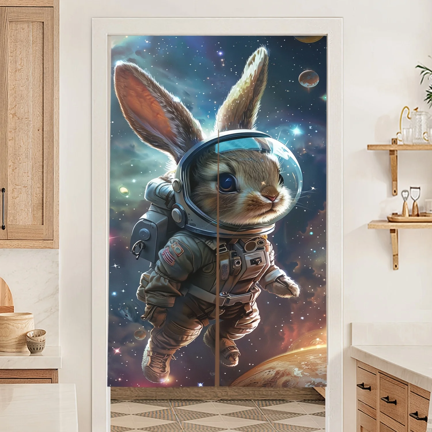1 cortina de puerta de astronauta de conejo espacial, escena cósmica vibratoria con planetas y estrellas, Noren decorativo de fantasía para dormitorio