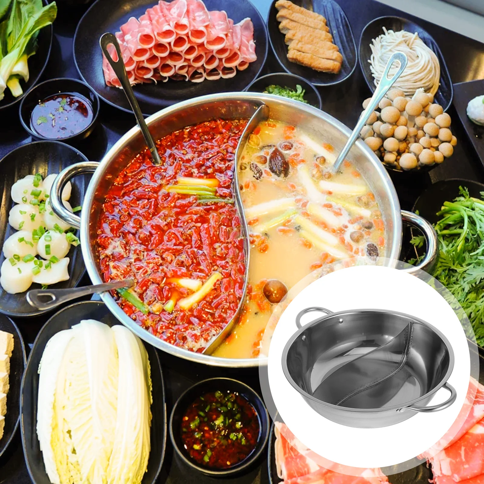 

Divided Hot Pot Stainless Steel Thickened Handle Hotpot Pan Kitchenware Double Flavor Stockpot Family Restaurant Use