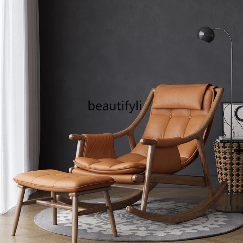 LBX Solid Wood Leather Rocking Chair Sofa Recliner Modern Minimalist Nap Chair Balcony Leisure Chair