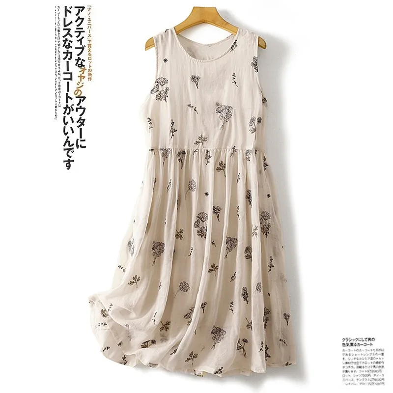 

Summer Arts Style Women Sleeveless O-neck Loose Long Dress All-matched Casual cotton linen Flower Print Tank A-line Dresses P682