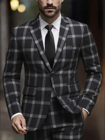 Men's Plaid Suit Two-Piece Set Four-Season Anti-Wrinkle No-Iron Business Casual Formal Wear Slim Two-Button Suit Trousers Suit