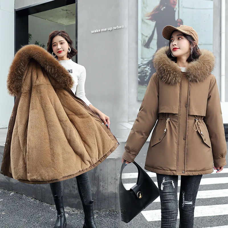 Women's Mid-Length Fleece-Lined Cotton Jacket Korean Style Winter Coat with Fur Collar Removable Inner Vest Zipper Closure