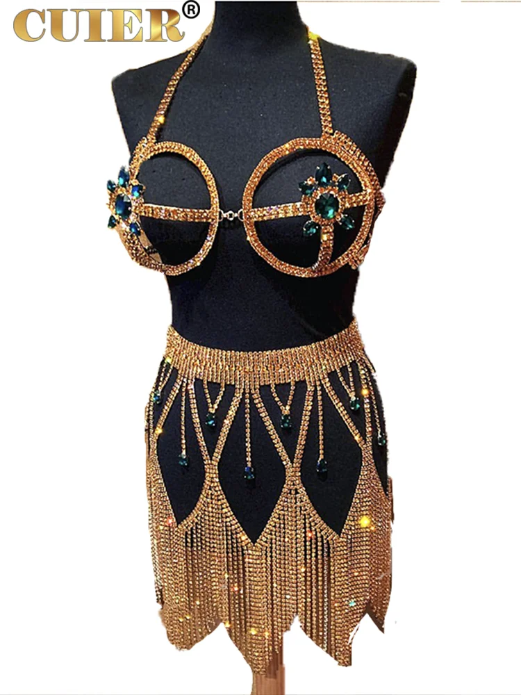 CUIER Champagne Gold Rhinestones Women Skirt Sexy Cup Bra Dress Body Chain Jewelry