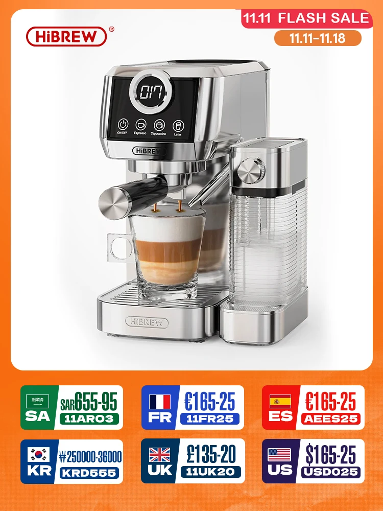HiBREW-cafetera semiautomática 3 en 1, máquina de café expreso, capuchino, Latte, leche, espuma, café molido, acero inoxidable, H13A