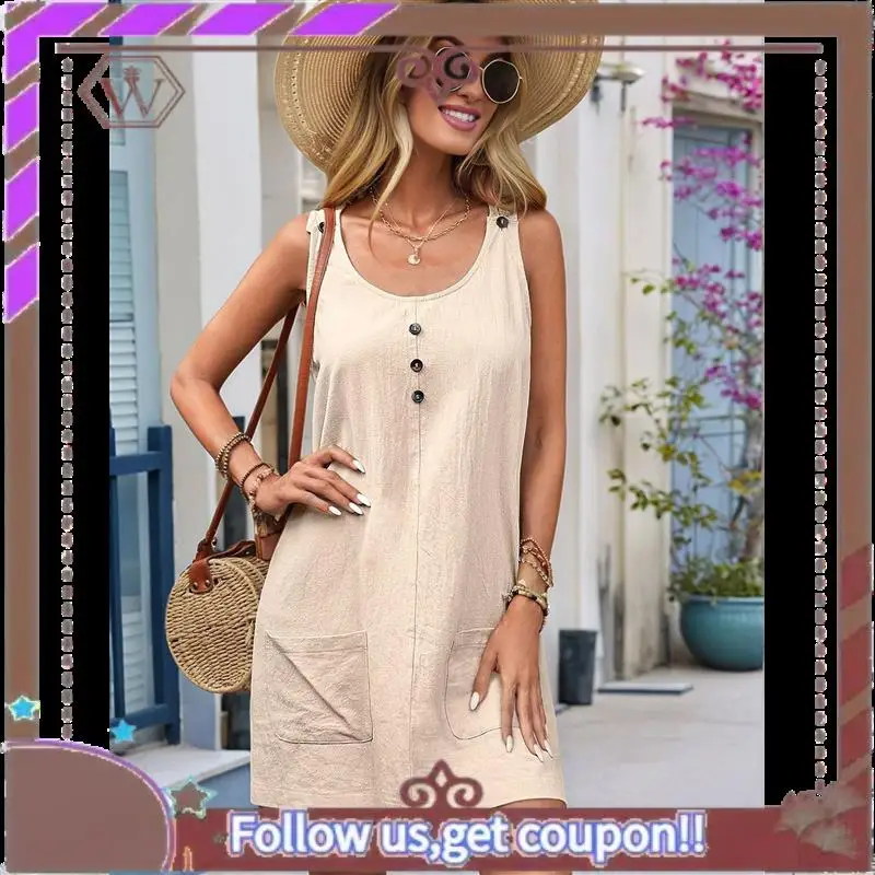 A95D-Summer Dress For Women Sleeveless Tank Dress With Pockets Casual Short A Line Dress Crewneck Sundress
