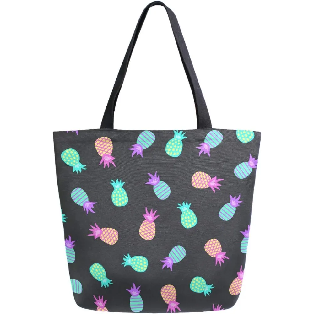 Single Shoulder Shopping Bag with Colorful Fruit and Pineapple Background, Large Capacity Can Be Reused and Easy To Clean