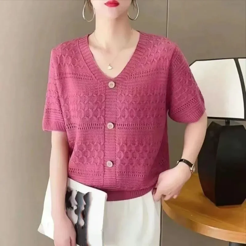 

Футболка из ледяного шелка, женская летняя футболка с короткими рукавами, новый однотонный топ с v-образным вырезом, модный свободный тонкий полый трикотаж