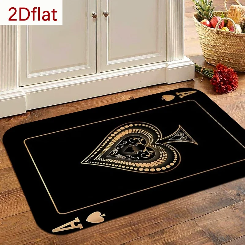 1pc 2D Flat Black Gold Ace Spades Poker Flannel Door Mat Non Slip Casino Theme Rug for Game Room Entrance Hall Decor