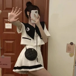 2024 New Sweet Women Sets Preppy Style Summer Double Breasted Blouse and High Waist Pleated Skirt Japanese Jk Set
