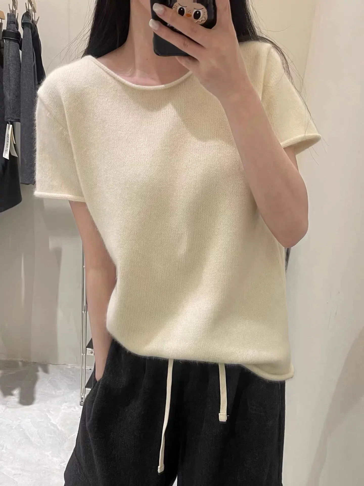 

Spring and summer new beige 100% wool rolled edge round neck short-sleeved women's loose T-shirt knitwear