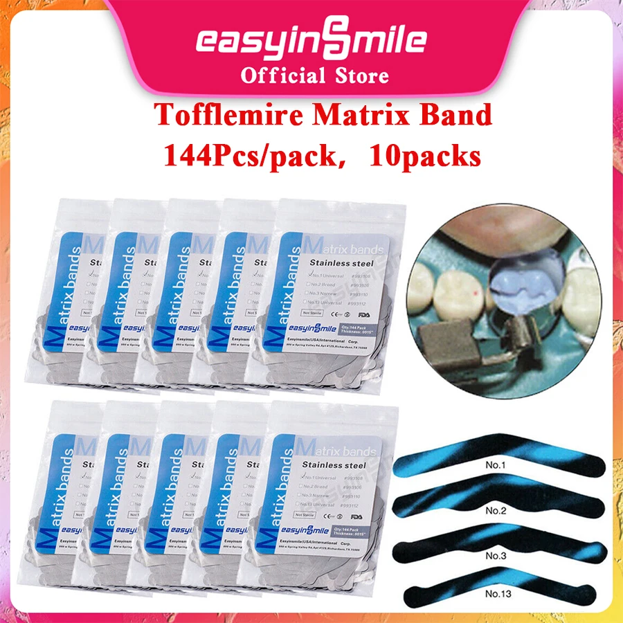 10Bag(144Pcs/Bag) EASYINSMILE Dental Tofflemire Matrix Bands Stainless Steel Universal Borad Type Flexible  0.04mm Autoclavable