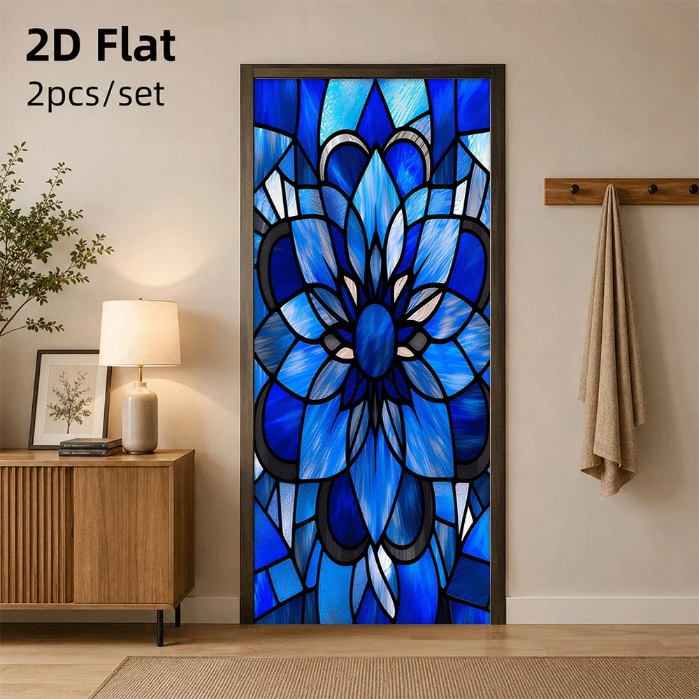 Autocollant de porte style rétro européen, motif de fleurs bleues peintes, décoration de porte et de fenêtre pour chambre à coucher et salon, plan 2D, 1 pièce