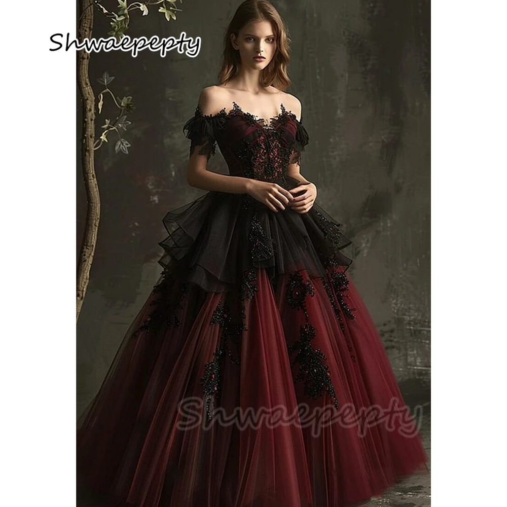 Burgundy And Black Gothic Wedding Dresses For Bride Off Shoulder Short Sleeves Appliques Beaded A-Line Customized Wedding Gown