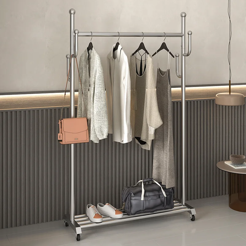 Custom Stainless Steel Clothes Floor Hanger Rack Bedroom Home Dormitory Balcony Drying Rack Mobile Coat Rack with Wheels