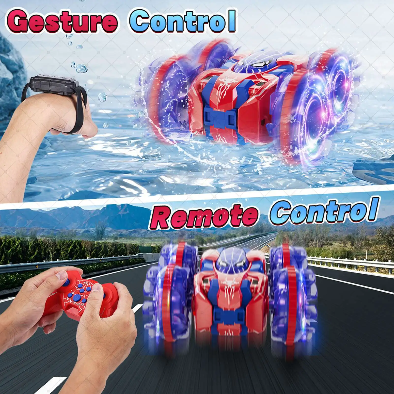 Auto acrobatica RC con rilevamento dei gesti Auto telecomandata con gesto della mano anfibio rotante a 360 gradi con luci per bambini Ragazzi Rosso