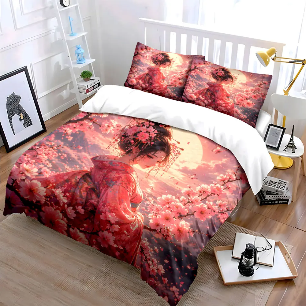 Cherry Blossom Kimono-Clad Girl Print Soft Comfortable Duvet Cover Bedding Set Included 1*Duvet Cover 2*Pillowcases Luxury Gift