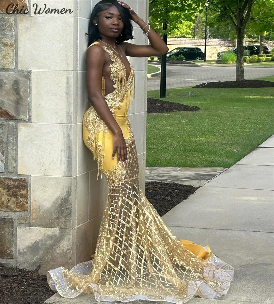 Luxury Gold Sequin Prom Dresses See Through Nigeria African Mermaid Evening Gowns Applique Lace Formal Birthday Gown Customized