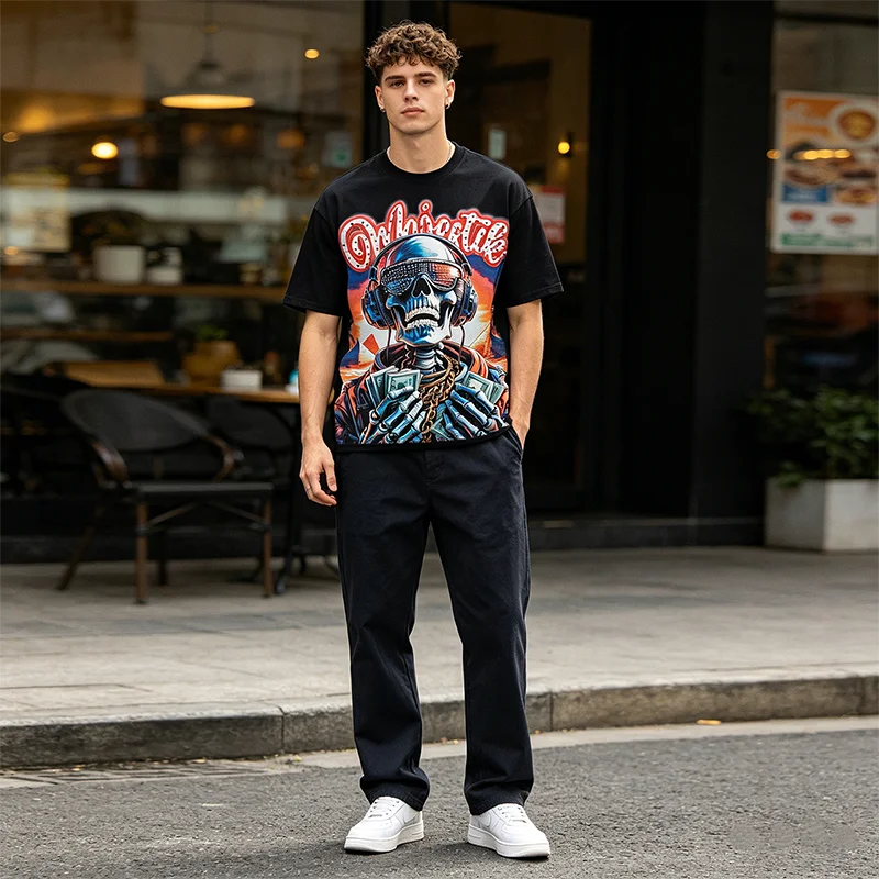 Herren-T-Shirt mit Strass-Totenkopf-Grafik, Hip-Hop-DJ-Skelett-Print, Y2K-Streetwear, Oversize-Baumwoll-Oberteil, Unisex-Sommer-T-Shirt – Detail 3