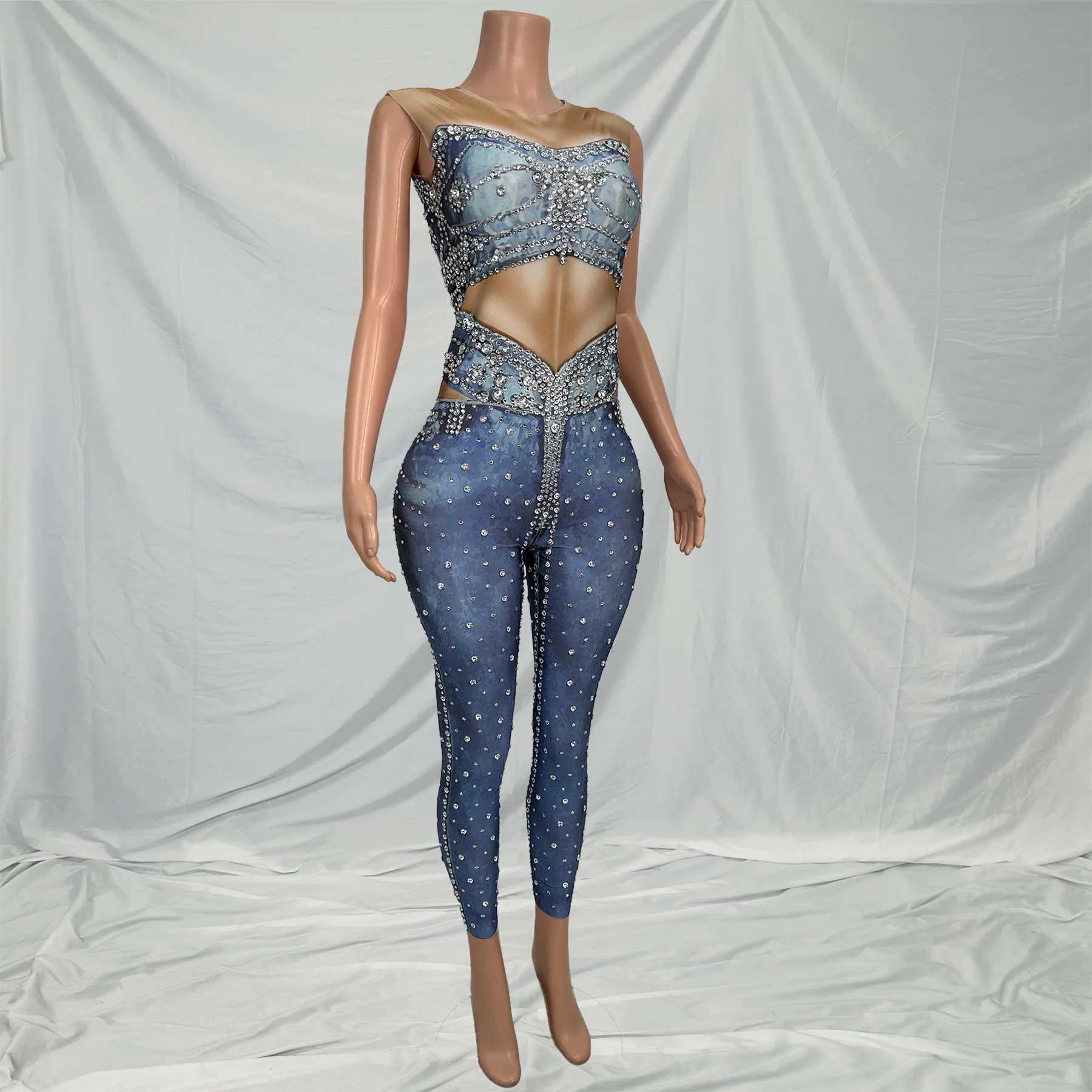 

Designer Sleeveless Denim Print Rhinestone Jumpsuits Female Spandex Rompers Stage Performance Bodysuits Women Dance Leotard