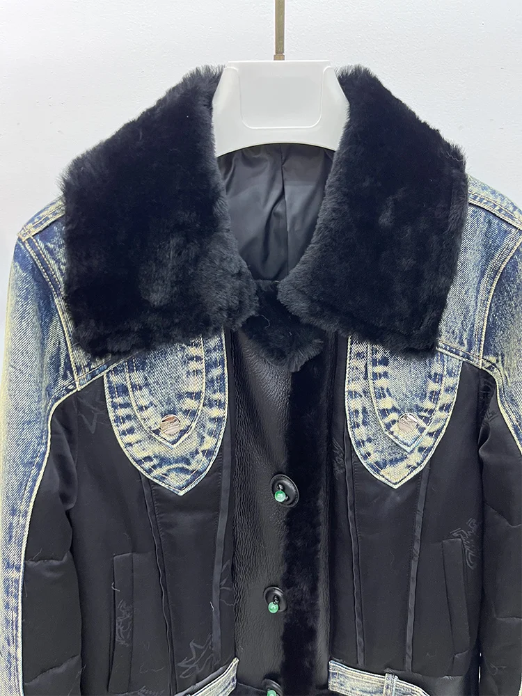 Nowe luksusowe damskie płaszcze z naturalnego futra owczego merino z kołnierzem, kurtki puchowe z gęsiego puchu, kurtki jeansowe i odzież wierzchnia na zimę 2025
