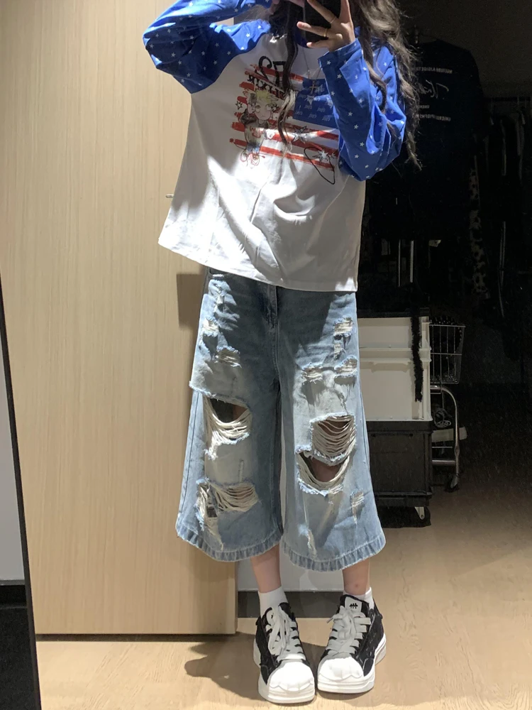 

Sweet Cool Spicy Girl American Style Hole Seven-Five Denim Shorts Women Summer Design Worn-Old Loose Wide Leg Medium Pants