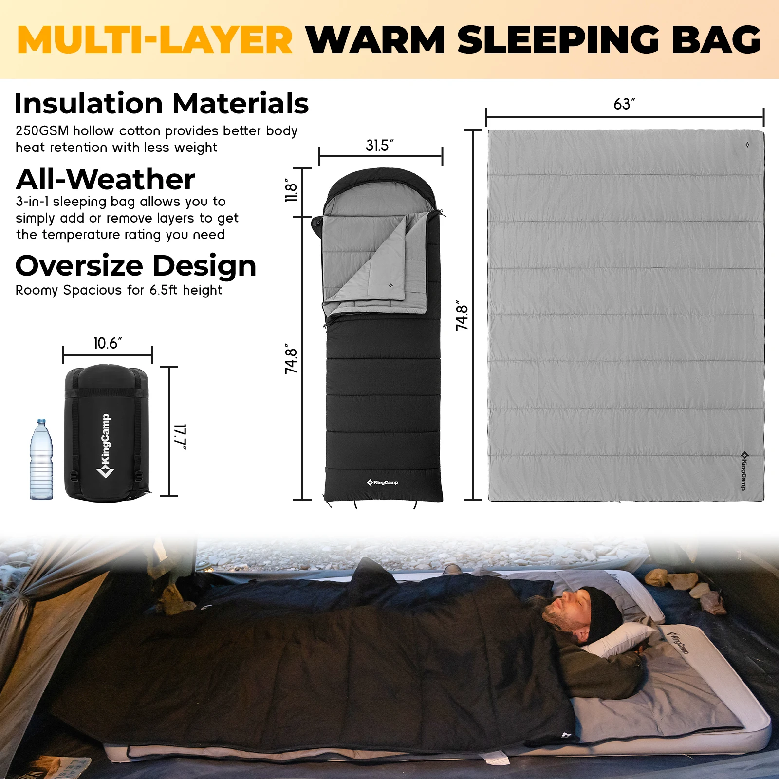 KingCamp 3-in-1 Envelope Hooded Sleeping Bag, Detachable And Flexible Double Blanket, Sleeping Bag For All Season Camping Hiking