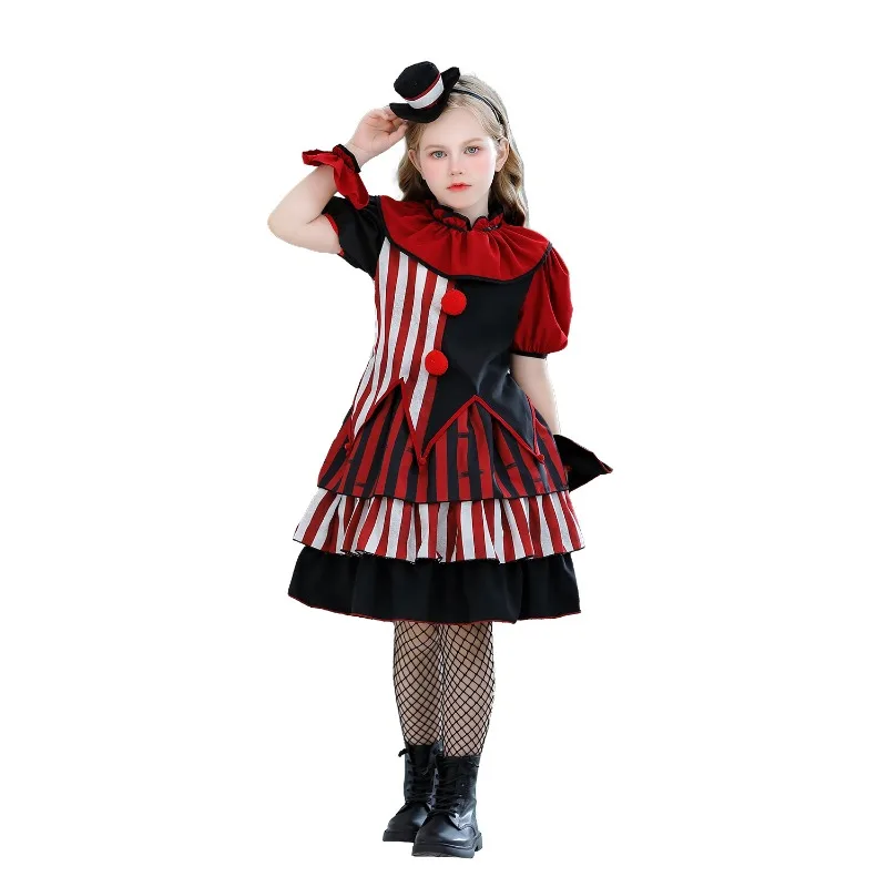 Halloween Cosplay Costume Funny Circus Clown Short sleeved Printed Dress Carnival Theme Party Role Playing Outfits for Girls