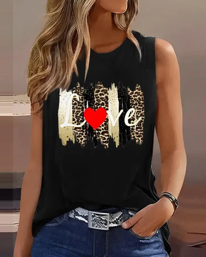 

Women Casual Tank Top 2024 Spring Summer Latest Letter Leopard Love Heart Print Vest Basics Round Neck Everyday Versatile Sling