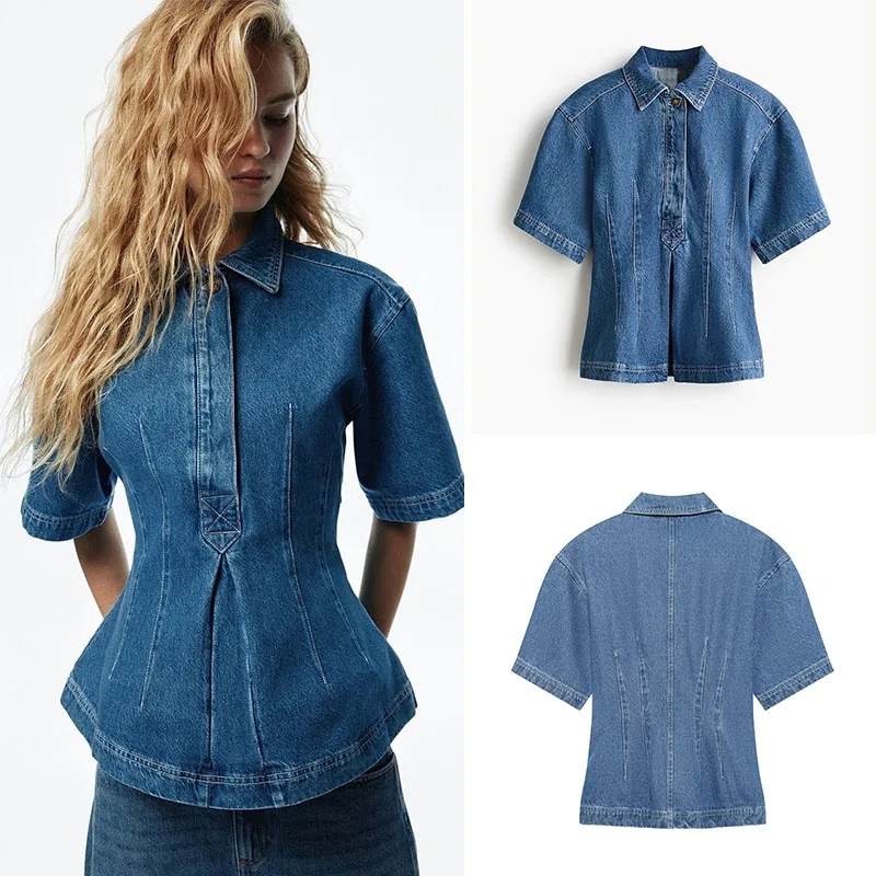 Spring New Arrival Women's Retro Simple Collar Short Sleeve Pure Color Waist-Cinching Denim Shirt Trendy Ethnic Stage Costume