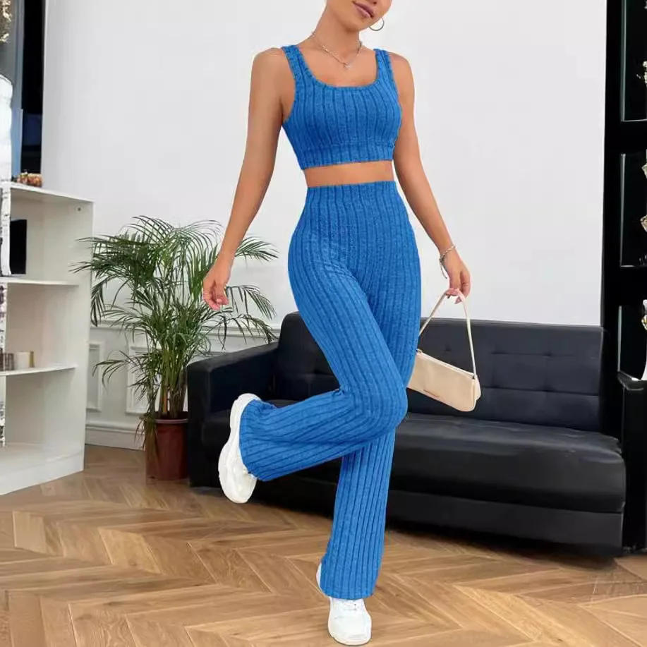 Spring Summer Women\'s Knitted Wide Leg Pants Pant Sets 2024 New Fashion Street Sports Vest Knitted Sets For Women 2 Pieces