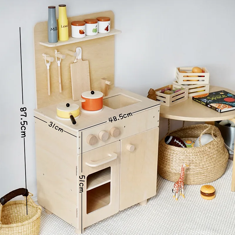 Country Style Wooden Kitchen Play Set Parent-Child Toy Refrigerator Simulation Home Kitchenware for Preschool Boys Girls