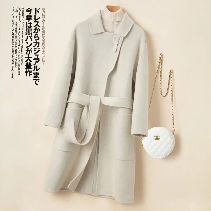 2025 Nieuwe Winterjas Wol Double Breasted Kasjmier Vintage Elegante Jas Vrouwen Mode Bovenkleding Zwart X-Lange Jassen Vrouwelijke